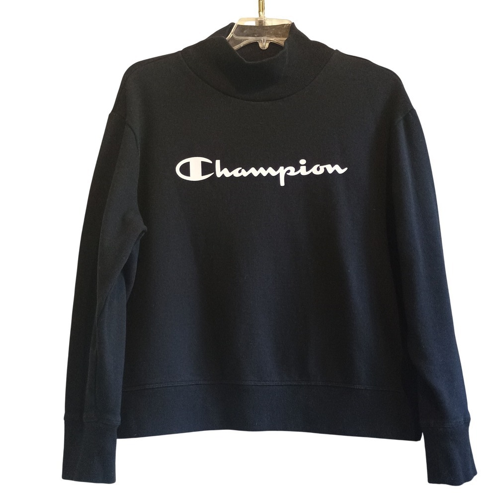 Champion Black Turtleneck Sweatshirt Pullover Cropped Logo Women's XL / Men's L‎